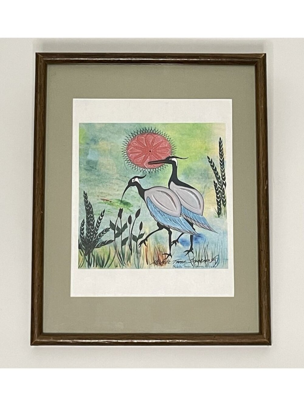 Michelle Tsosie Sisneros Signed Native American Crane Art Print Framed NM 14x11